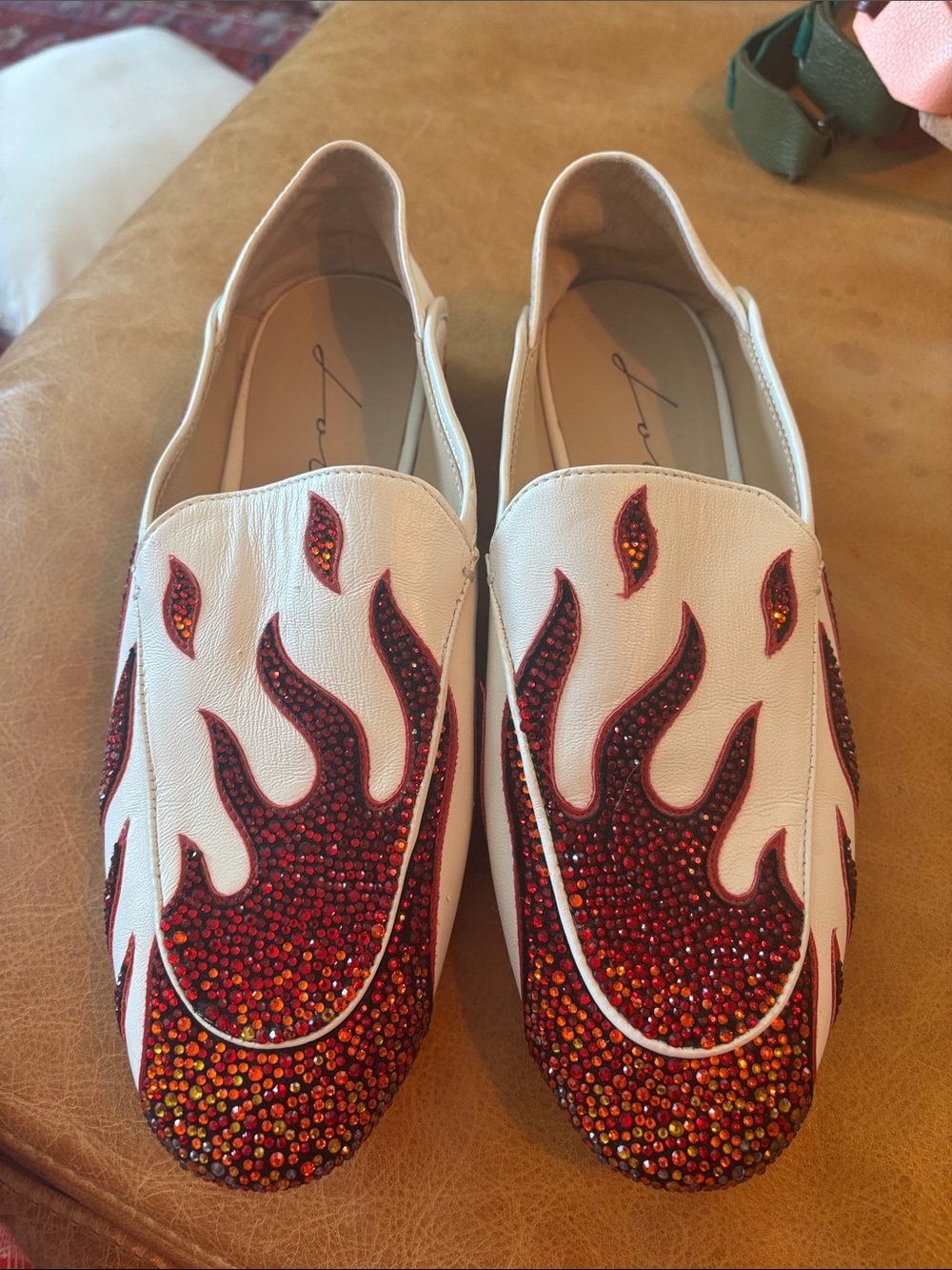 Lola Cruz Leather Slip-On Loafers with Red & Orange Crystal Flame Detailing